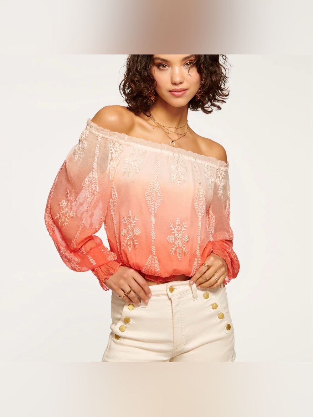 New Ramy Brook Off-Shoulder Ombre Embroidered Peasant Top in Coral and Cream